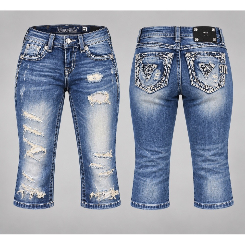 MissMe cropped Jeans Women 26x23.5 Rhinestone distress sequins thick stitch Y2K